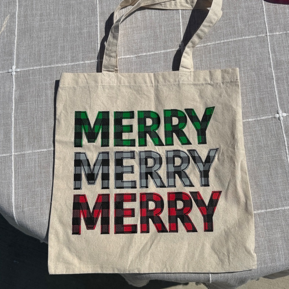 Festive Canvas Tote Bag with Merry Print